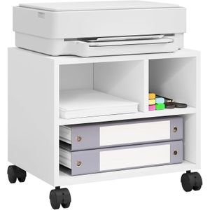 WOLTU ASK06ws Printer Trolley with 3 Open Compartments, Cabinet with Wheels, Wooden Printer Stand, File Folder for Study, Office, 40 * 30 * 35 cm, White