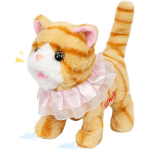 7" Walking Plush Kitty Toy Stuffed Animal Electric Interactive with Dress Talking Musical Cute Plush Toy Yellow Cat Tail Wagging Christmas Birthday Gifts for Kids Toddlers
