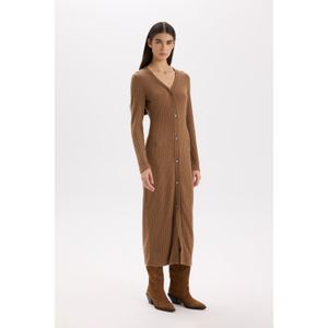 Defacto Bodysuitcon Bodysuit-Hugging Basic V-Neck Buttoned Ribbed Midi Dress