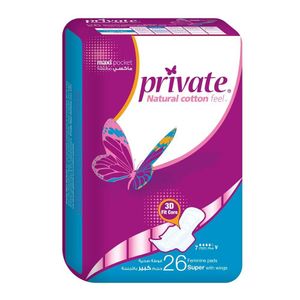 Private فوط صحية نسائية فائقة النعومة بملمس قطني طبيعي، مزودة بأجنحة، عبوة كبيرة تحتوي على 26 فوطة