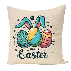 Happy Easter Throw Pillow Cover, Colourful Bunny Eggs Design,