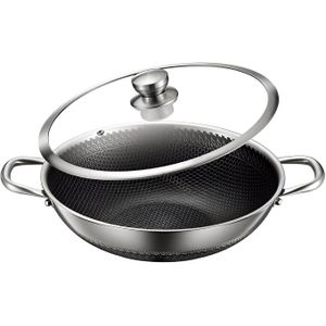 مقلاة ووك فضية - 30 سم من الستانلس ستيل جاهزة للحث مع نمط خلية النحل وطلاء مضاد للالتصاق ومقاومة للخدش (28 سم)