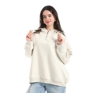 Andora Cotton Hoodie Half Zipper Closure - Beige