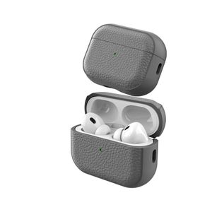 جراب متوافق مع سماعات AirPods Pro 2، بتصميم جلدي أنيق، مزود بحزام يد، مقاوم للسقوط والصدمات (رمادي)