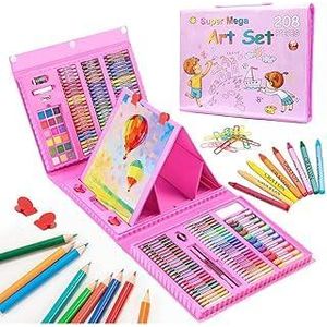 Fantastic-Kids-Toys Drawing Kits for Girls 208 Pieces, Includes Double Sided Trifold Easel, Art Supplies Kits with Oil Pastels, Crayons, Colored Pencils, Watercolor Pens, Gifts for Kids (Pink)
