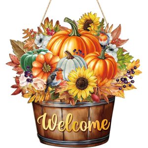 Fall Decoration Welcome Wreaths for Front Door, Wooden Hello Fall Pumpkin Thanksgiving Door Sign Ornament, Wood Mason Jars Maple Leaf Flower Farmhouse Hanging for Autumn Harvest Porch Home Decor