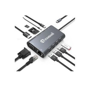 Standard USB-C HUB  To Multi-Functional Docking Station 11 IN 1 PD 100W *1+USB3.0*1+USB2*3+RJ45(1000M)*1+VGA*1 (1080/30HZ)*1+HDMI*1 (4K@30Hz) Full HD 1080p*1+SD*1+TF*1+Audio*1
