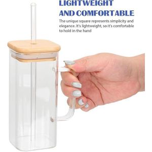 كوب شرب زجاج شفاف بغطاء خشبي وشفاط ومقبض