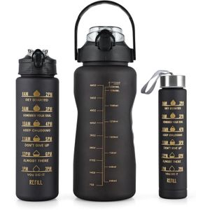Sports Zone Motivational Water Bottle Set, 3 Reusable Sports Drinking Bottles 2L 900ml 300ml, BPA-Free Leakproof Water Bottles with Straw and Time Markers, Gym Fitness Workout Running Cycling School Camping Hiking Travel and Daily Use