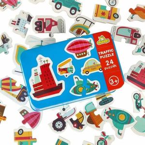 Traffic Puzzle Game for Kids with 24 Wooden Pieces in Tin Box Educational Toy for Toddlers Improves Focus and Recognition Suitable for Ages 3 and Up 