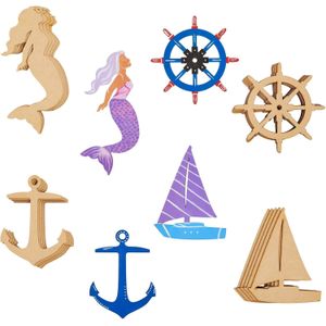 Nautical Wooden Wall Decor Cutouts - 24 Unfinished Wood Shapes for Sailboat Decor - Anchor, Wooden Ship Wheel & Mermaid for DIY Craft & Nautical Party Crafts