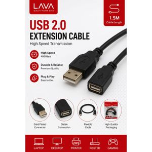 Lava كابل تمديد USB من لافا بطول 1.5 متر – وصلة USB ذكر إلى USB أنثى عالية الجودة باللون الأسود