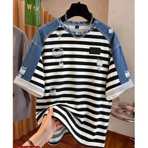 SHEIN تيشيرت نسائي فضفاض بأكمام قصيرة وياقة دائرية، يتميز بتصميم مرقع (باتشورك) يجمع بين مظهر الدنيم ونمط الخطوط الزرقاء والبيضاء، مع طبعة بتأثير مهترئ