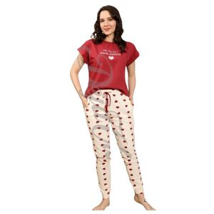 Love Print Pajama Set - Short Sleeve - Plus Size - Burgundy