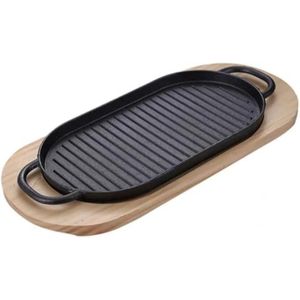 Cast Iron Oval Grill Pan  – Non-Stick Coating – Induction Compatible With Wood Base – 31 CM-Black 