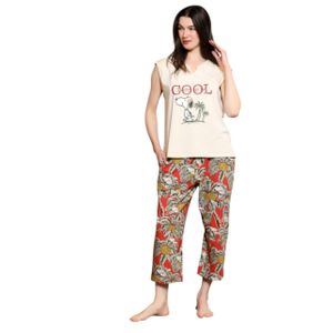 طقم بيجاما نسائي مزود بأزرار وأكمام قصيرة مطبوعة من القطن