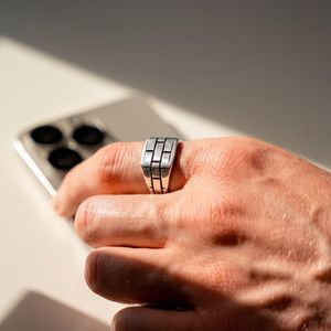 Solid Italian 925 Sterling Silver Ring for Men, Textured Grid Block Design with Oxidized Accents