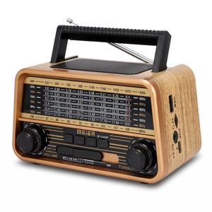 Meier راديو محمول ميني بتصميم كلاسيكي بلون بني، يدعم FM/AM/SW + 3 BAND، مع منفذ USB وTF، إدخال AUX، واتصال BT-588، يعمل بالبطارية أو التيار المباشر DC 5V