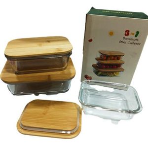  Borosilicate glass Food Storage Container with Air Tight wood Lid 410+700+1040 ml Set of 3 pieces oven+microwave +freezer+dishwasher) safe 
