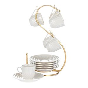 طقم قهوة بورسلين لاستر 12 قطعة + استاند ذهبي - لوتس
