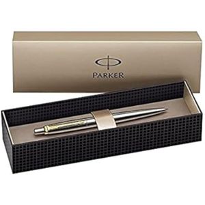 Parker قلم جوتر حبر جاف، فولاذ مقاوم للصدأ مع تشطيب ذهبي، نقطة متوسطة بحبر أزرق، علبة هدايا (صنع في فرنسا)
