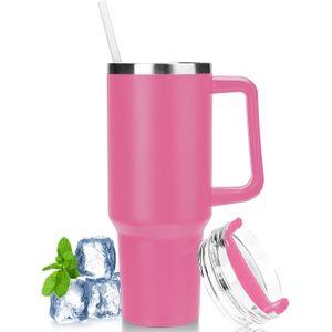 40oz Tumbler with Straw Lid and Handle, 1180ml Stainless Steel Coffee Travel Insulated Cup Mug, Double Wall Vacuum Insulated Cup for Hot and Cold Drinks BPA Free - Rose Pink