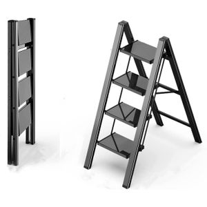 Sunrise 4 Step Ladder Aluminum Folding Step, Stool with Anti-Slip Sturdy and Wide Pedal Lightweight, Portable Multi-Use Stepladder for Home and Kitchen Use Space Saving (4 Steps, Black)