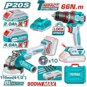 TOTAL TCKLI20256 Cordless Combo Kit – 20V Brushless Impact Drill (66Nm) 4.5" Angle Grinder with 2 x 4.0Ah Batteries and Charger