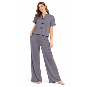 Caesar Women's two-piece soft pajama set with a collar and bows