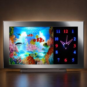 LED Wall Clock with Moving Aquarium Background & Illuminated Display - USB Powered + AA Battery Operated