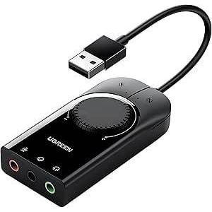 Ugreen محول صوت ستيريو خارجي USB، محول صوت سهل الاستخدام، منفذ سماعة رأس وميكروفون 3.5 ملم، محول USB إلى AUX لأجهزة الكمبيوتر الشخصية، وأجهزة الكمبيوتر المحمولة، وأجهزة MacBook، وأجهزة PS5، وأجهزة PS4، وأجهزة Xbox، وأجهزة التلفزيون الذكية