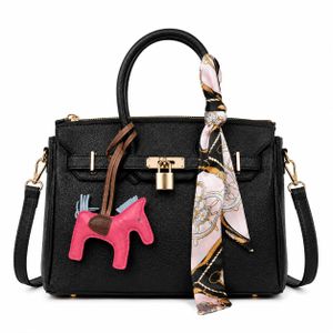 Elegant Black Women's Handbag with Pink Horse Detail & Silk Scarf Accent - Stylish Design for Work & Occasions - Top Handle & Adjustable Shoulder Strap - Premium Quality with Spacious Interior for Daily Essentials