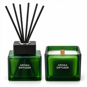 طقم فواحة أعواد وشمعة معطرة زجاج ملون، في علبة هدية صلبة بمغناطيس، عطر دافئ ومميز لتعطير المنزل وإضاءة السهرات