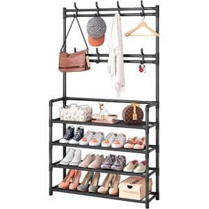 Multifunctional Metal Shoe Rack, 4 Tier Storage Rack and 8 Hooks for Easy Installation and Save Space for Estrada Living Room Bedroom size (60 * 28 * 150) 