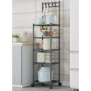 رف تخزين مكون من 5 طبقات، رف تخزين متحرك بخمس طبقات مع خطافات و4 عجلات عالمية بزاوية 360 درجة، رف تخزين متعدد الأغراض للمطبخ أو الغرفة أو الحمام