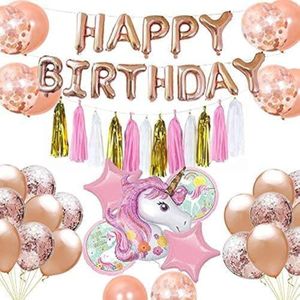 40 قطعة زينة حفلة عيد ميلاد وحيد القرن، بالون وحيد القرن، بانر بالون عيد ميلاد سعيد، رقائق خماسية