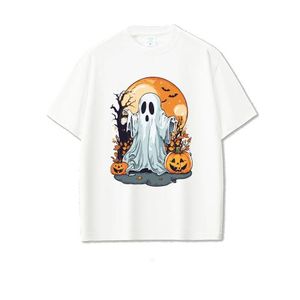 Halloween Ghost Graphic T-Shirt, White, Pumpkin and Bat Print, Spooky Theme