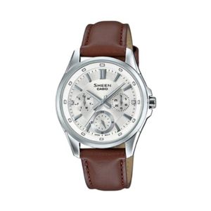 Casio ساعة شين SHE-3060L-7AUDR نسائية بمينا فضي وسوار جلدي بني