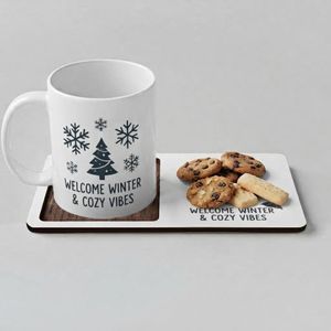 Welcome Winter & Cozy Vibes Ceramic Mug with Wooden Serving Tray