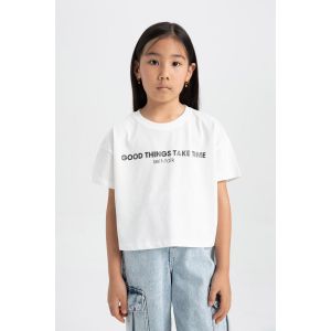 Defacto Girl Waist - Lenght Crop Top Short Sleeve T-Shirt - Ecru