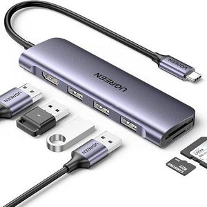 Ugreen موزع محول متعدد الوظائف 6 في 1، منفذ USB-C إلى USB، منفذ HDMI، و3 منافذ USB-A 3.0، فضي اللون 20956A