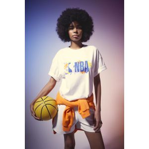Defacto Woman Crew Neck Oversize Fit-Nba Short Sleeve T-Shirt - Ecru