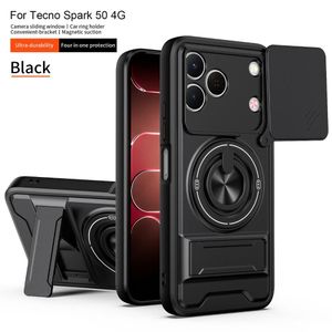Tecno Spark 50 4G Case Cover – Lens Guard Armor Shockproof Protective Cover with Sliding Camera Shield, Magnetic Ring Kickstand, and Full Protection Design (Black)