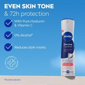 NIVEA ديرما كنترول ناتشورال تون مزيل عرق بخاخ 150 مل، بحمض الهيالورون النقي وفيتامين C، حماية 72 ساعة