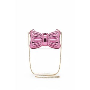 An elegant handbag with a shiny pink metal bow design and a gold chain strap - perfect for evenings out and special occasions.