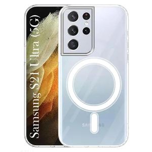 جراب لهاتف سامسونج جالاكسي إس 21 ألترا، جراب مغناطيسي شفاف كريستالي متوافق مع MagSafe، جراب حماية عسكري مقاوم للصدمات لهاتف سامسونج إس 21 ألترا.