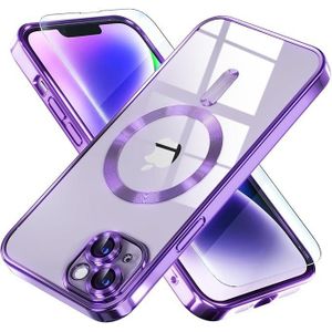  Magnetic for iPhone 14 Plus Case Compatible with MagSafe Never Yellowing Military Grade Drop Protection Full Camera Lens Protector Plating Soft Clear Phone Case for Women Girls, Purple