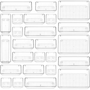 25 Pcs Desk Drawer Organizers Trays Set Clear Plastic Storage Bins Bathroom Drawer Tray Dividers Vanity Trays Organizer for Bedroom Dresser Makeup Kitchen Utensil Office