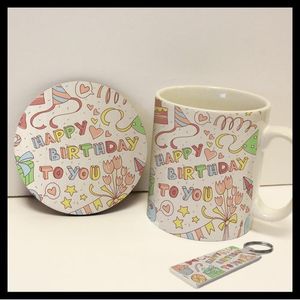 مج "عيد ميلاد سعيد" + كوستر + ميدالية مفاتيح