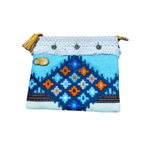 Lava حقيبة مخملية قطنية يدوية، تصميم خيامية، شريط مزين بالشرابات، زينة عملات نحاسية اللون، حزام معصم بلون الخردل